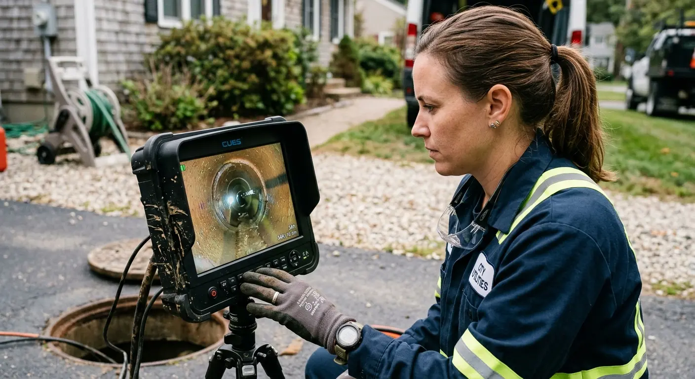 Technician reviewing sewer camera inspection footage in Burke