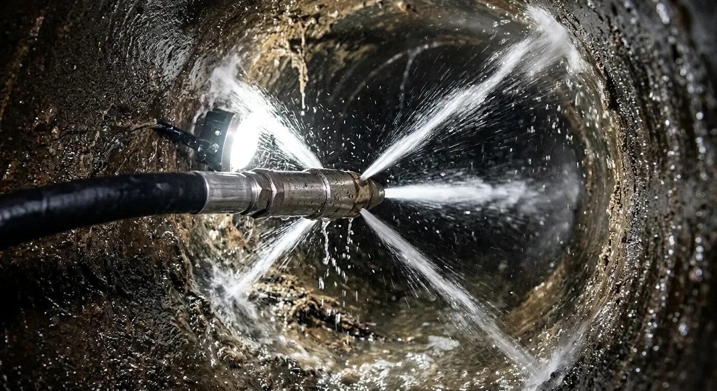 High-pressure hydro jetting nozzle cleaning sewer pipe for Emergency Drain Service in Burke