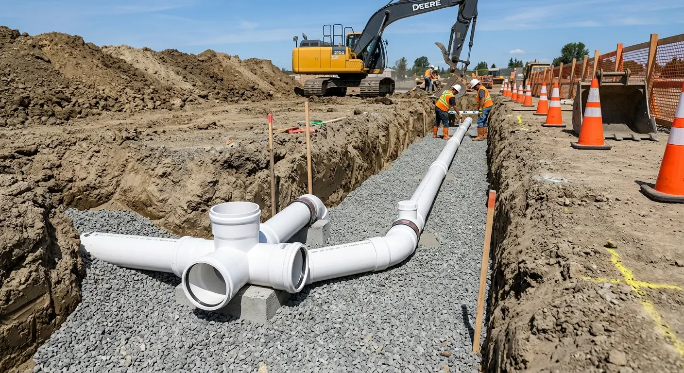 New PVC sewer pipe installation in open trench for Sewer Backup in Burke