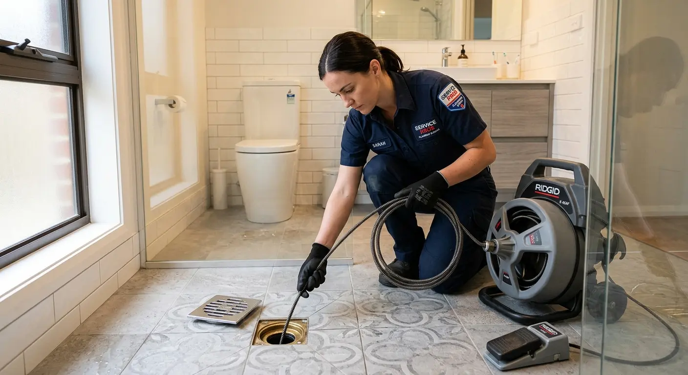 Technician clearing a bathroom floor drain for Drain Cleaning in Burke